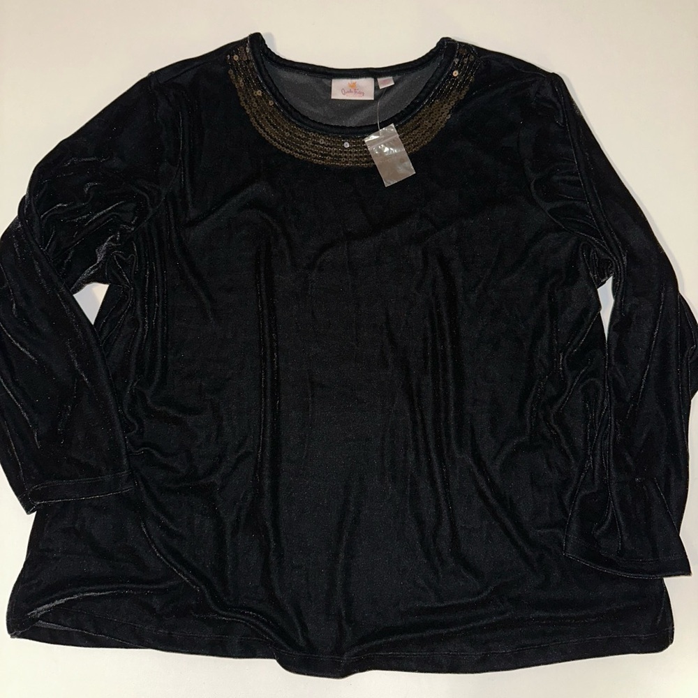 Quacker Factory Black Velvet Tunic Top Sequin Size 2X NWOT QVC Soft Stretch QVC